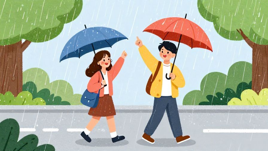Illustration of two friends walking outside under umbrellas, one pointing up at the falling rain with a smile, bright vibrant colors and a park setting