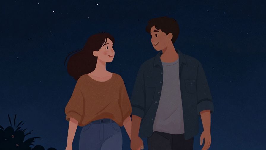 Illustration of two friends walking together under a starry night sky, gentle smiles, cozy atmosphere