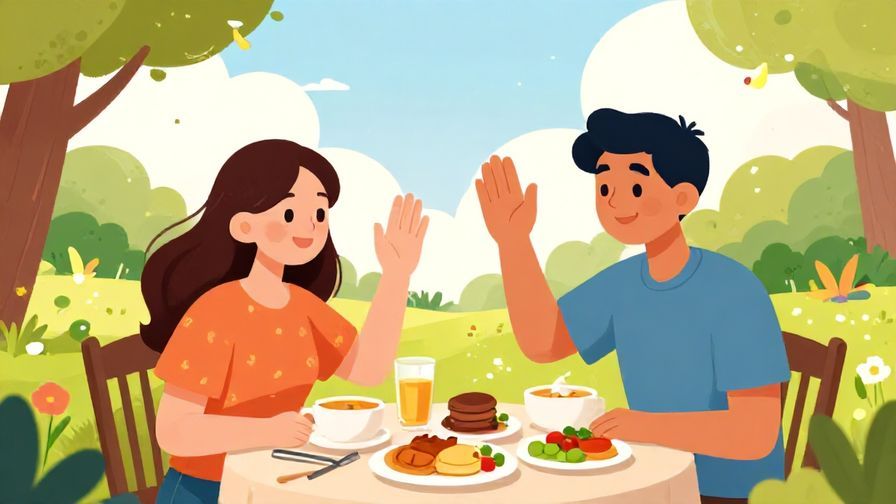 Illustration of two friends waving goodbye after lunch in a park during afternoon, smiling faces, bright and colorful