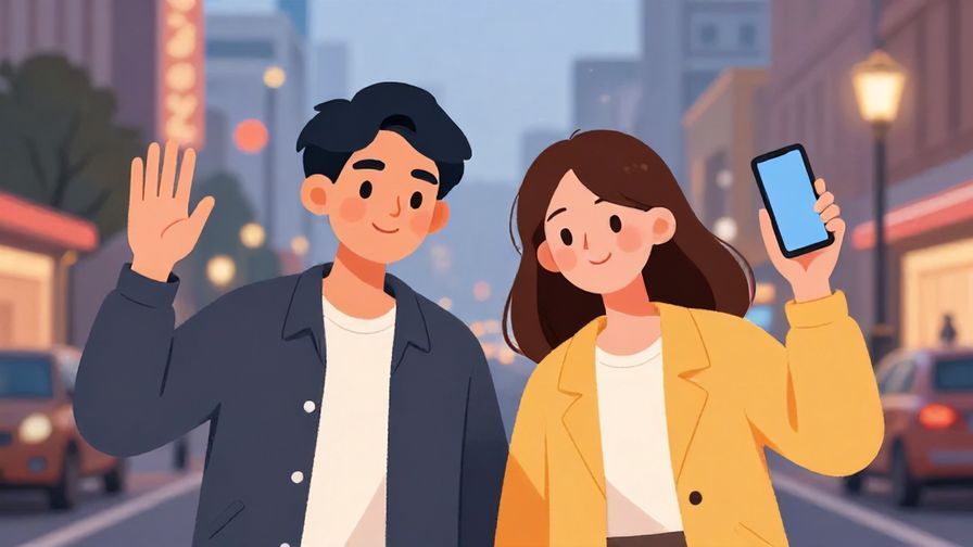 Illustration of two friends waving goodbye with phones in hand, smiling gently, urban street background at dusk