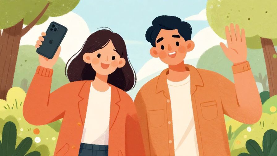 Illustration of two friends waving goodbye with phones in hand, smiling, casual outdoor setting, vibrant colors, illustrated style