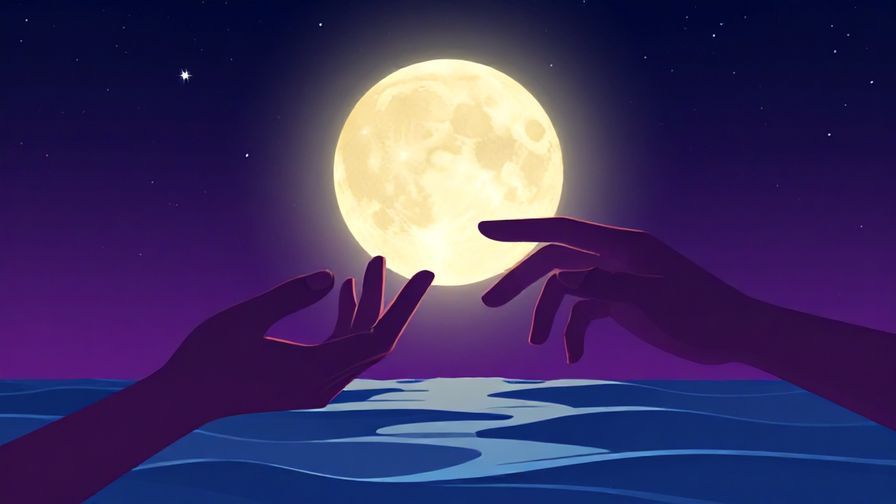 Illustration of two hands almost touching under a glowing full moon, with gentle waves in the background, night sky filled with stars, vibrant colors