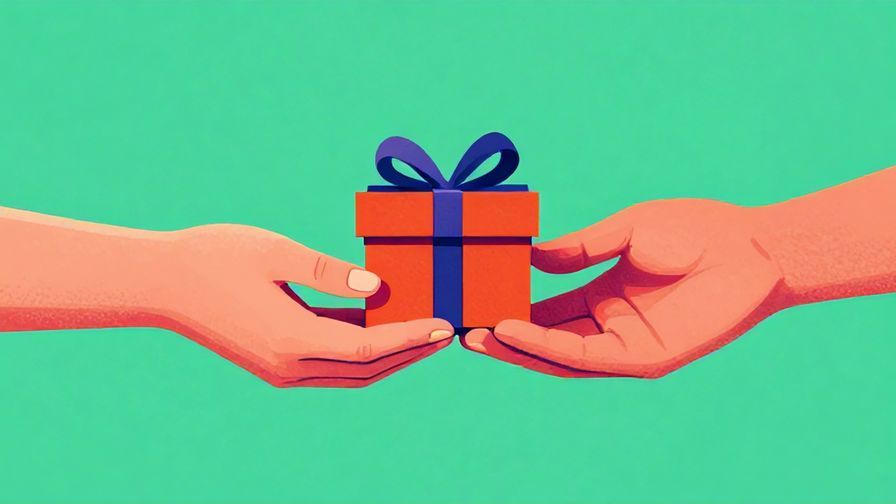Illustration of two hands exchanging a small gift, symbolizing mutual giving, vibrant colors, illustrated style