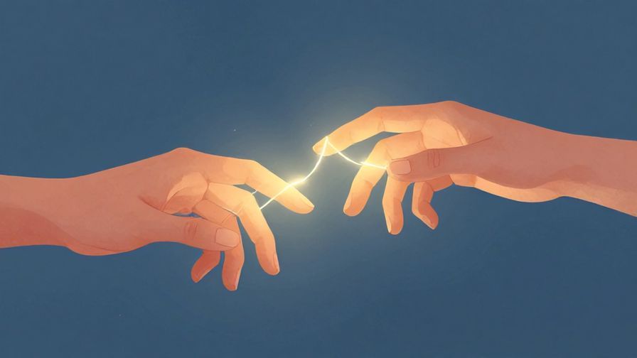 Illustration of two hands gently reaching out to each other with glowing threads connecting the fingertips, symbolizing fate and connection