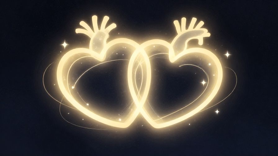 Illustration of two hearts intertwined, glowing softly with stars and gentle curved lines in the background