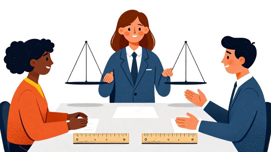 Illustration of two identical rulers measuring objects on a table, symbolizing fairness, with business people discussing, vibrant colors, illustrated style