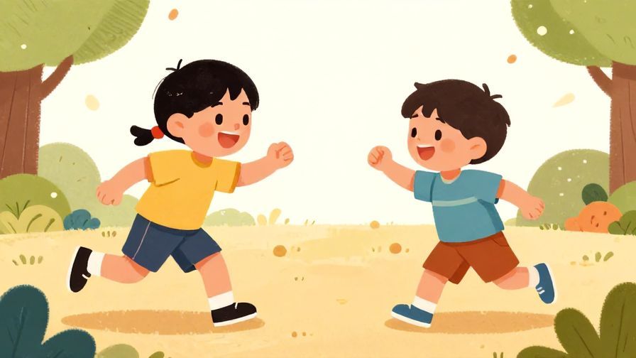Illustration of two kids in a playful game of tag, one chasing the other with smiles, lively and fun atmosphere, vibrant colors, illustrated style
