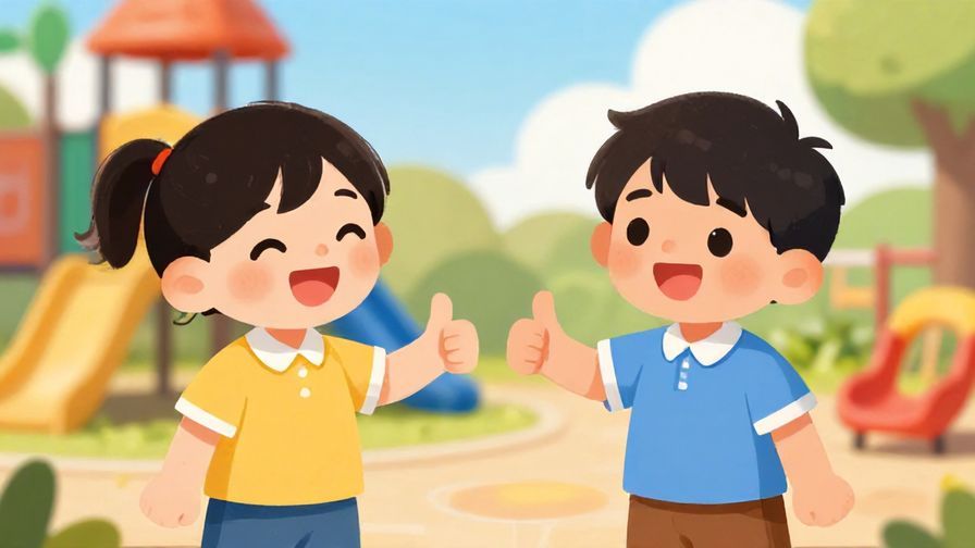 Illustration of two kids smiling and giving each other a thumbs up, bright sunny playground background, cheerful colors
