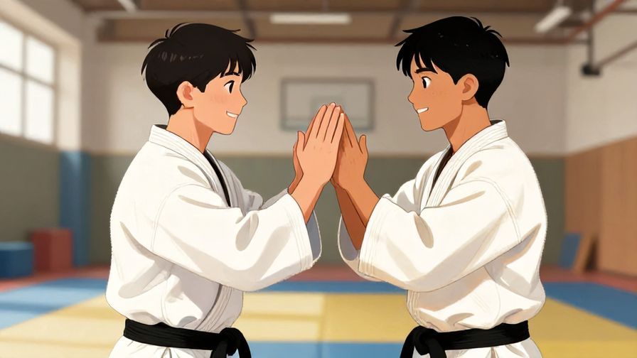 Illustration of two male friends clapping hands and greeting each other energetically in a gym or dojo, illustrated style