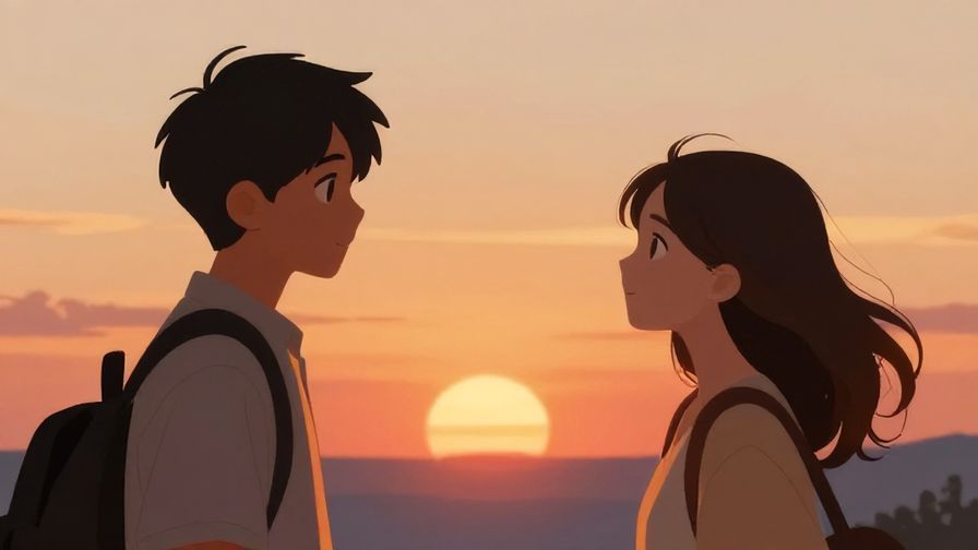 Illustration of two people admiring a sunset together, one complimenting the other softly, warm and serene atmosphere