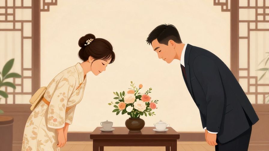 Illustration of two people bowing politely to each other during a formal meeting, elegant traditional setting