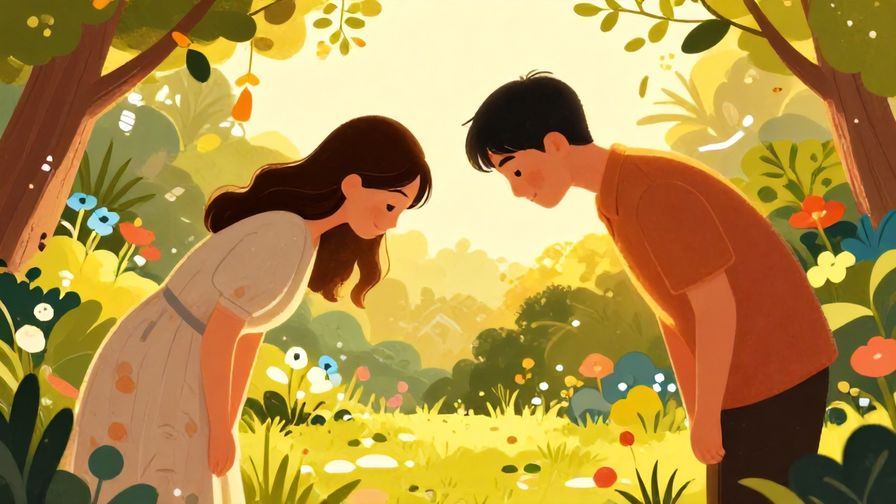 Illustration of two people bowing respectfully in a peaceful garden, golden light surrounding them, symbolizing a respectful fateful connection, vibrant colors, illustrated style