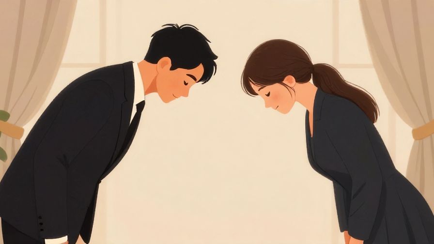 Illustration of two people bowing slightly in a respectful setting, soft formal lighting, calm colors