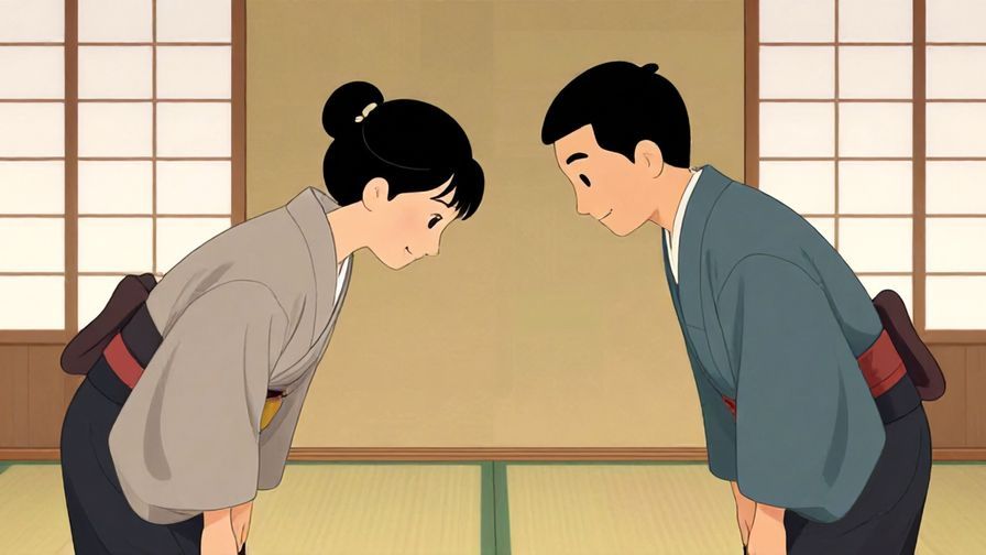 Illustration of two people bowing slightly to each other with respectful smiles, traditional Japanese room background, illustrated style