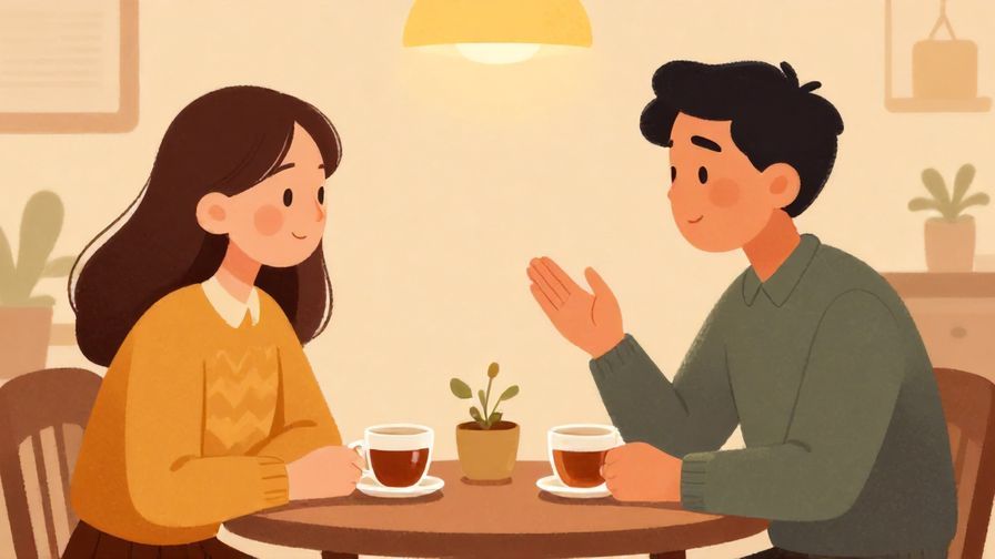 Illustration of two people calmly discussing at a table with cups of tea, soft indoor lighting, warm tones