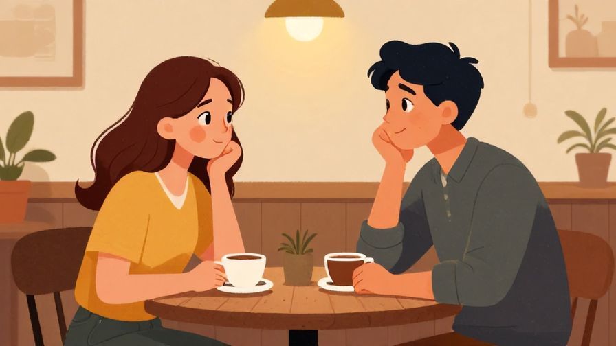 Illustration of two people chatting in a café, one asking a question with a curious expression, warm and inviting vibe