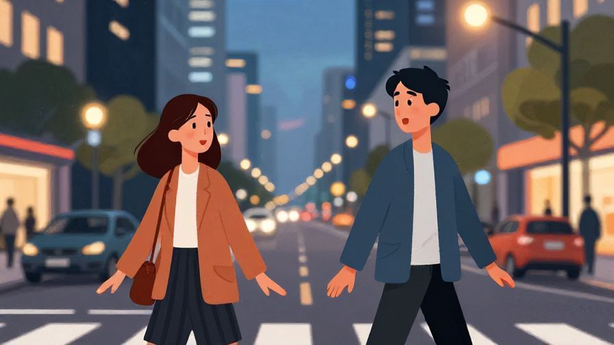 Illustration of two people crossing paths on a busy street, surprised and smiling, with city lights at dusk