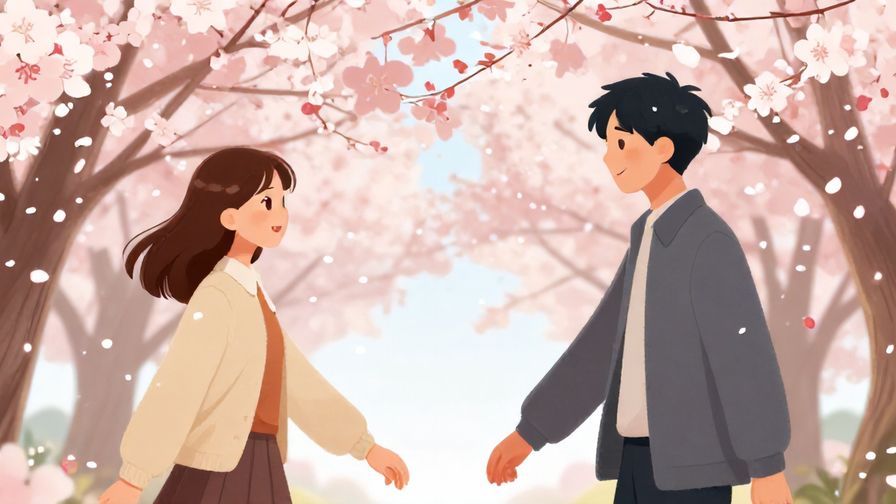 Illustration of two people crossing paths under cherry blossoms with smiles, surrounded by soft light and petals, romantic and hopeful mood