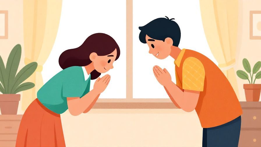 Illustration of two people exchanging a polite bow with smiles in a bright room, conveying mutual gratitude, vibrant colors