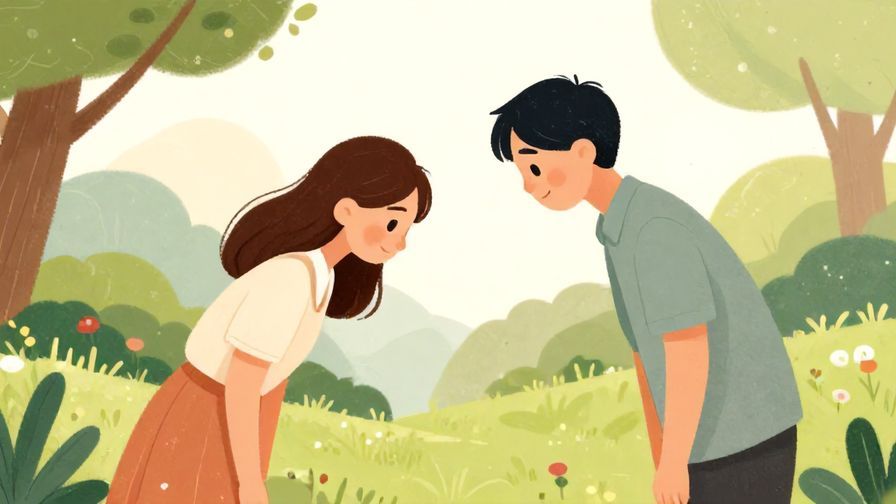 Illustration of two people exchanging a respectful bow with warm expressions, a serene garden in the background, illustrated style