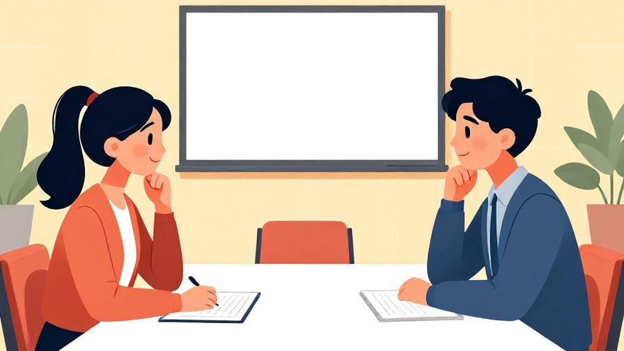 Illustration of two people exchanging thoughtful looks in a conference room, vibrant yet professional colors