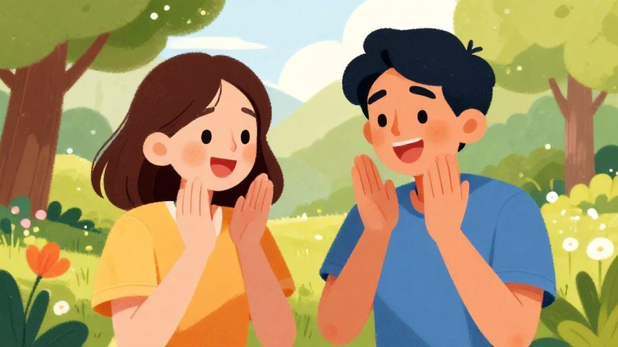 Illustration of two people excitedly nodding with big smiles in a park setting, vibrant colors, illustrated style