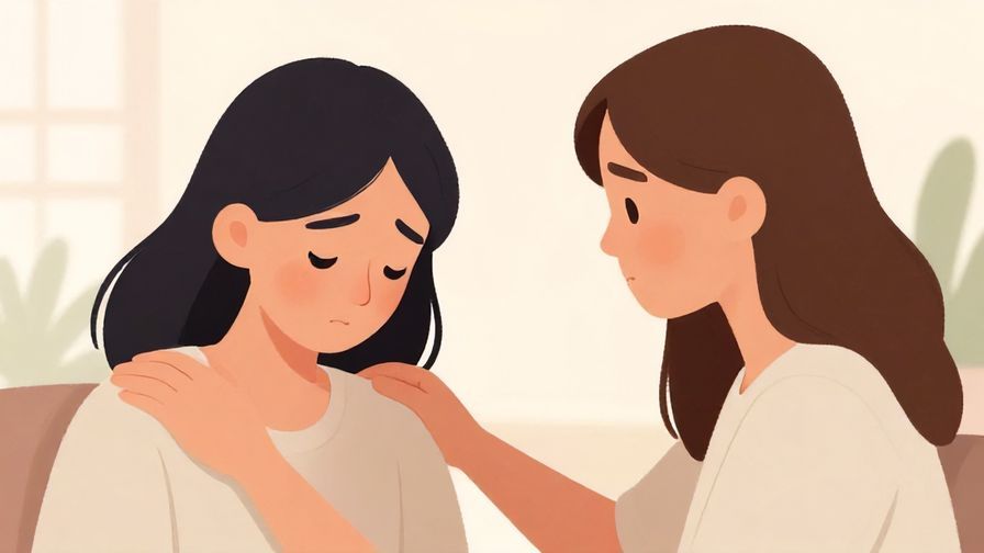 Illustration of two people facing each other with one looking down sadly, the other with a comforting hand on their shoulder, soft surroundings