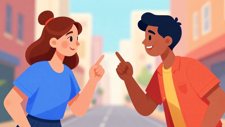 Illustration of two people facing each other with playful rivalry, one plotting a comeback, soft urban background, vibrant colors