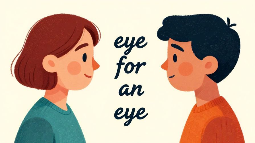 Illustration of two people facing each other with balanced expressions, symbolizing “eye for an eye” justice, vibrant colors, illustrated style