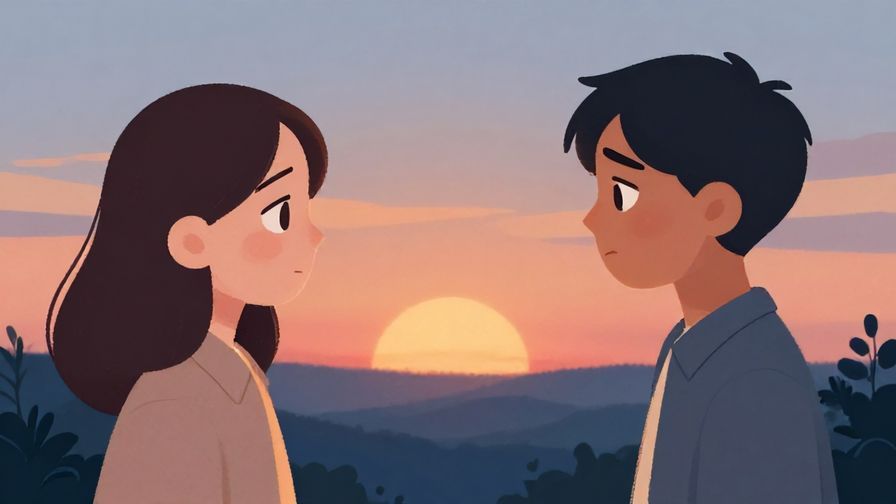 Illustration of two people facing opposite directions with sad expressions, gentle sunset background, calming colors, illustrated style