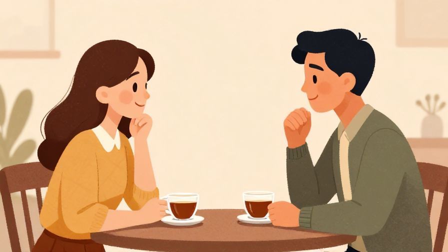Illustration of two people having a calm conversation over tea, respectful posture, soft indoor light