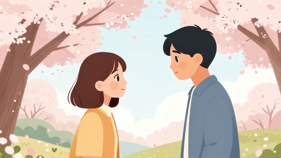Illustration of two people having a serious but gentle conversation under cherry blossoms, soft pastel colors, reflective mood