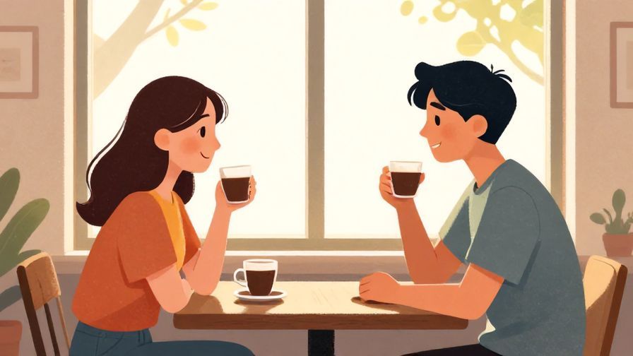 Illustration of two people having coffee by a window with sunlight streaming in, a relaxed chat vibe, soft colors