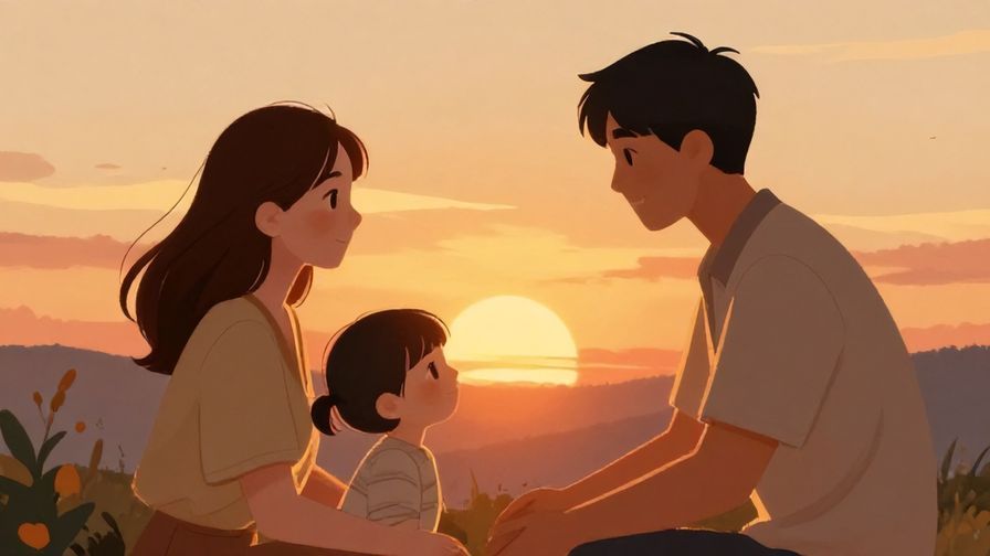 Illustration of two people helping each other, like family, a warm sunset background with gentle rays, illustrated style