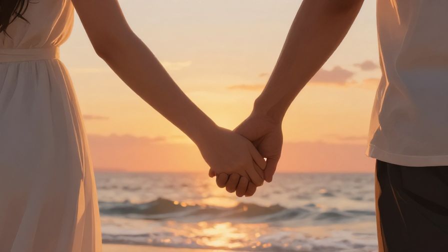 Illustration of two people holding hands under a sunset sky, with soft glowing light and gentle waves in the background, conveying warmth and closeness