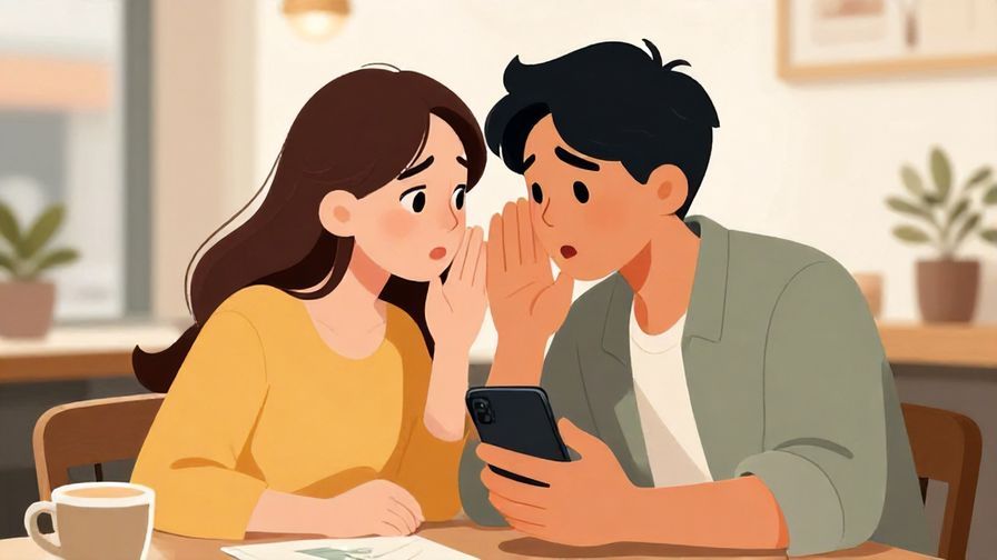 Illustration of two people in a cafe whispering and looking at a phone with doubtful expressions, bright and cozy setting