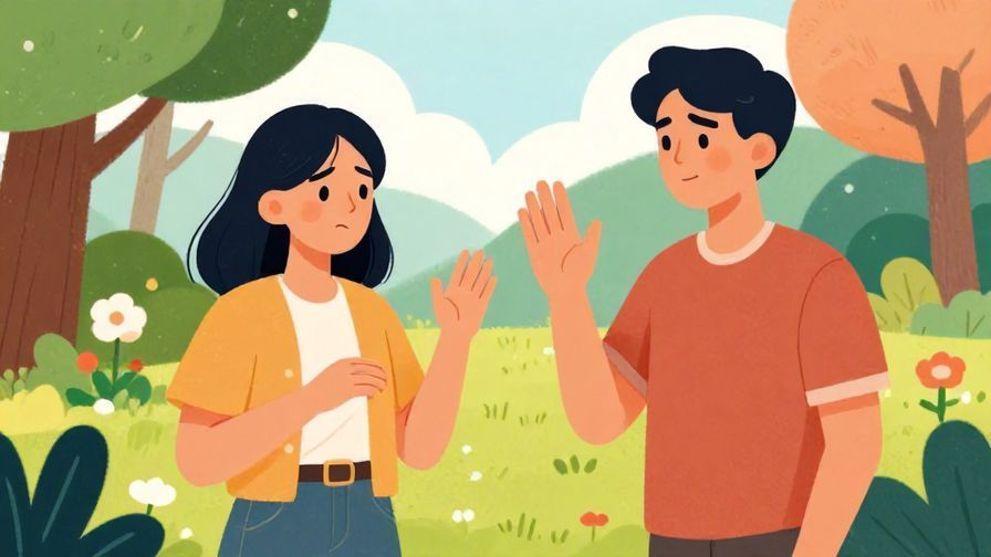 Illustration of two people in a park, one looking annoyed and gesturing with their hand to stop, colorful and lively background
