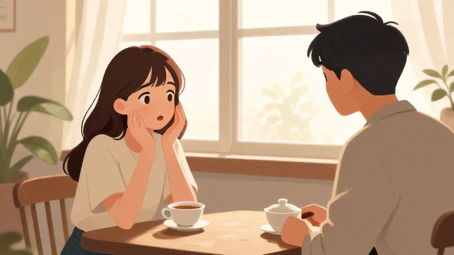 Illustration of two people in a quiet tea room, one looking pleasantly surprised as another arrives, soft natural lighting