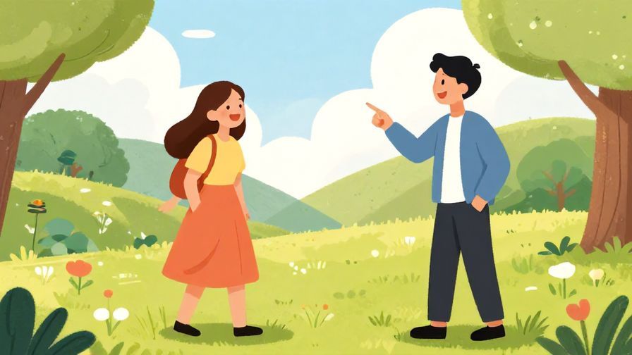 Illustration of two people laughing while one points at the other arriving, bright cheerful park setting