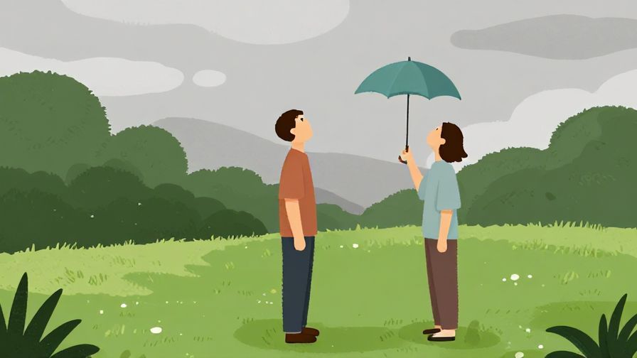 Illustration of two people looking up at a gray sky, one holding a small umbrella, casual clothes, relaxed park scene