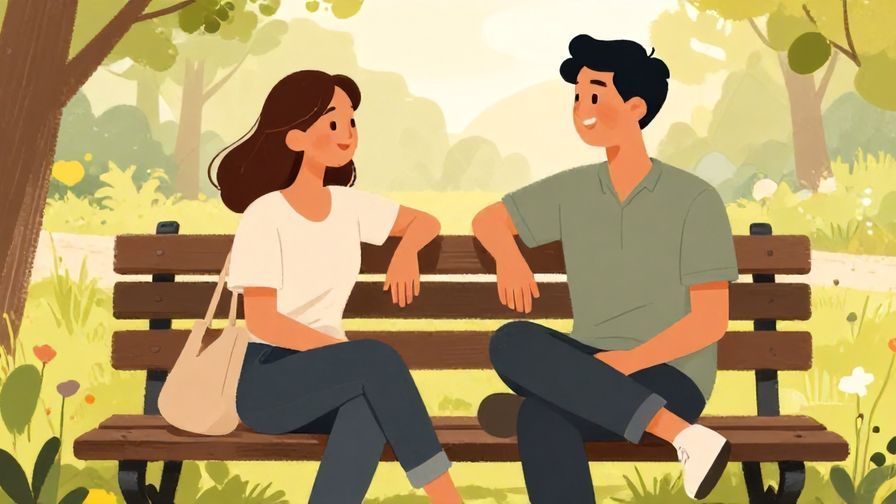 Illustration of two people lounging on a park bench, chatting and laughing under soft sunlight, casual friendly vibe, illustrated style