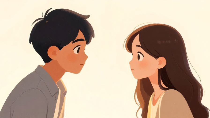 Illustration of two people making eye contact with a soft glowing background, hopeful and sincere atmosphere