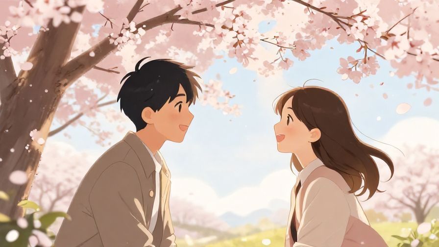 Illustration of two people meeting under cherry blossoms, smiling warmly, with gentle sunlight and soft breeze
