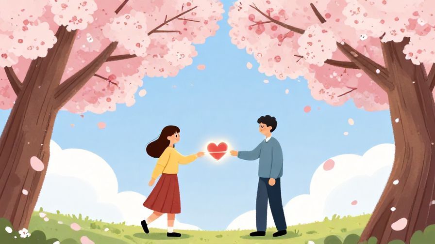 Illustration of two people meeting under cherry blossoms with glowing threads connecting their hearts, symbolizing a fateful connection, vibrant colors, illustrated style