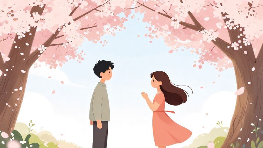 Illustration of two people meeting under cherry blossoms with light petals swirling, symbolizing destiny and karma, soft pastel colors