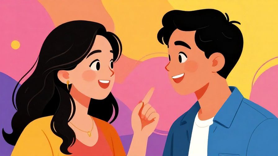 Illustration of two people mirroring each other’s happy expressions, vibrant background, stylized