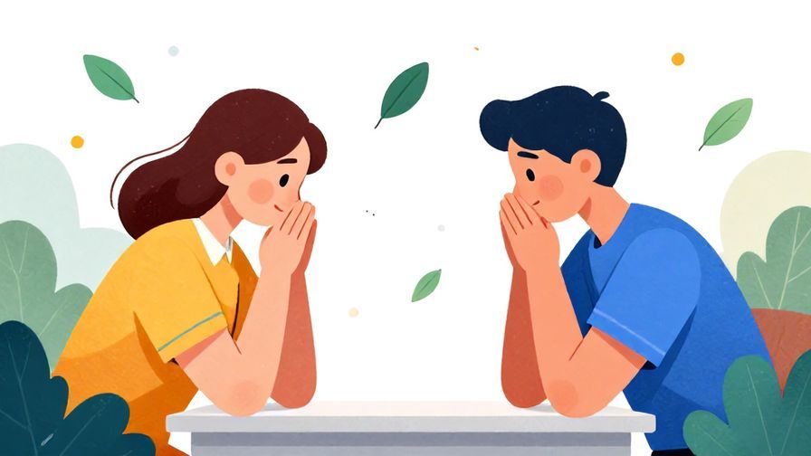 Illustration of two people nodding in agreement across a desk, surrounded by floating leaves and soft dots, vibrant colors, illustrated style