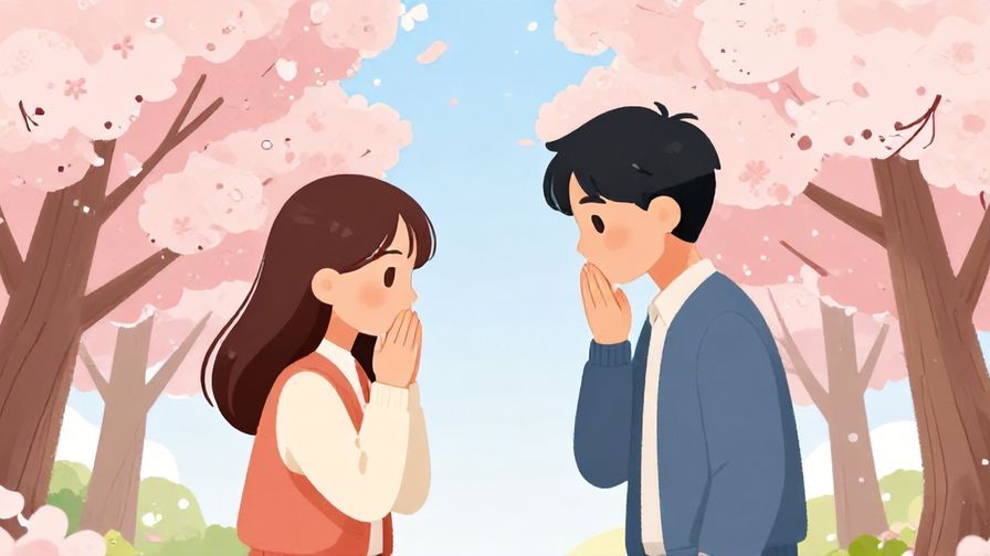 Illustration of two people nodding in agreement under cherry blossom trees, soft pinks and blues, friendly atmosphere