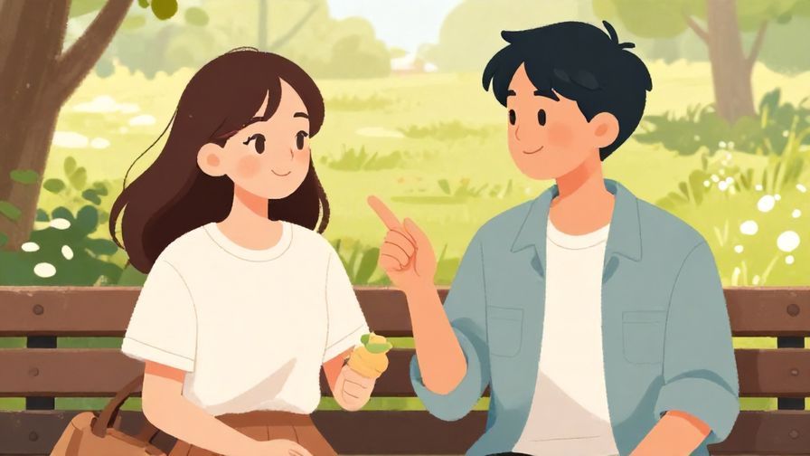 Illustration of two people playfully exchanging witty remarks, one smiling confidently, park bench background, bright afternoon light