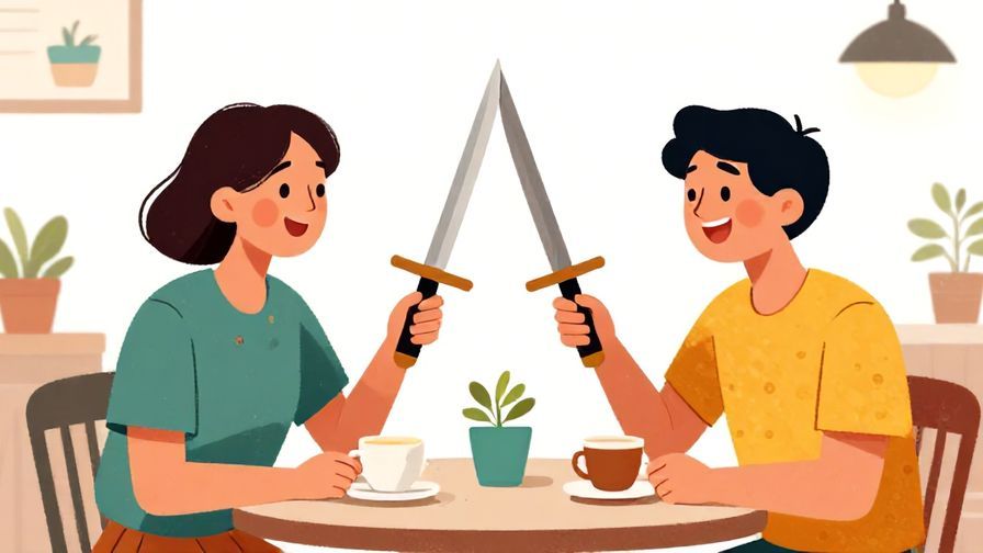 Illustration of two people playfully lowering imaginary swords, smiling in a lively café setting, bright colors, illustrated style